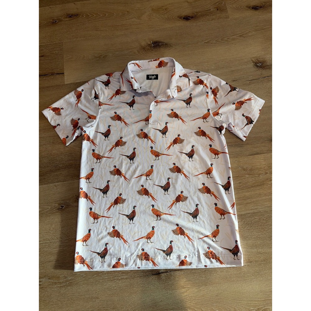 Waggle Golf Mens Pheasant Print Polo Shirt White Short Sleeve Stretch Size Small